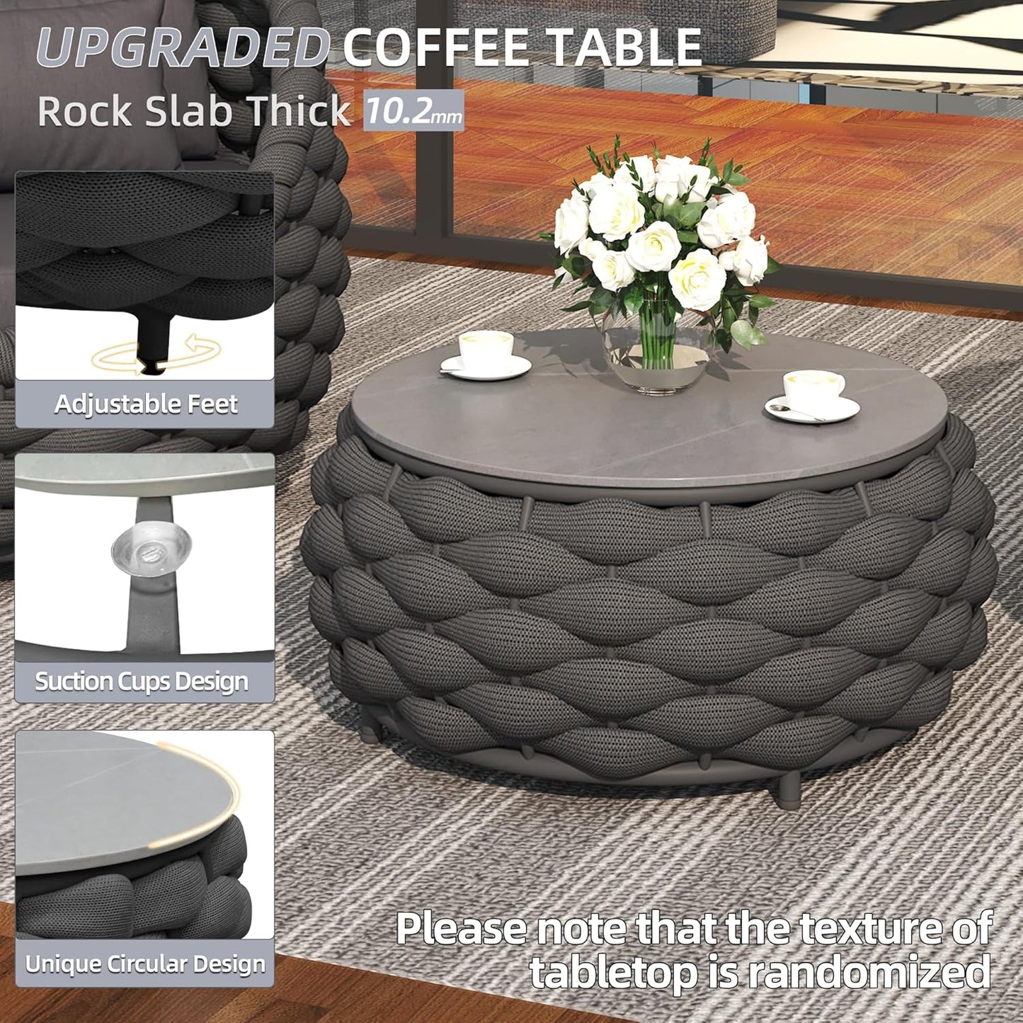 TWT Outdoor Patio Furniture Set, 5 Pieces Aluminum Sectional Sofa, Metal Patio Conversation Set with Threeseat & Armchair, Cushion and Coffee Table, Dark Grey