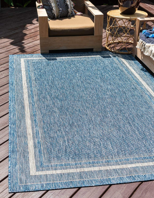 Unique Loom Outdoor Border Collection Area Rug - Soft Border (4' 1" x 6' 1" Rectangle, Blue/ Ivory)