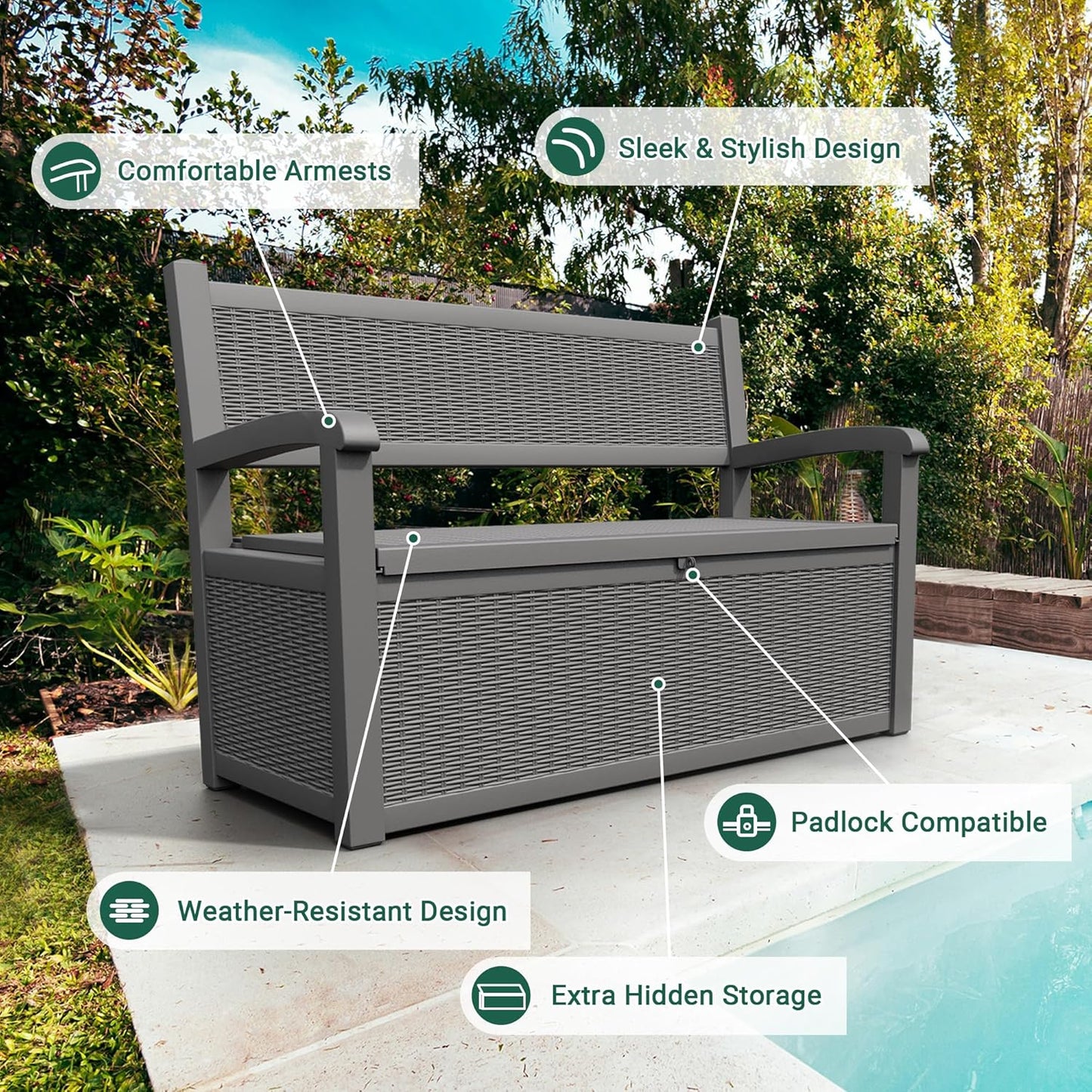 80 Gallon Outdoor Storage Box, Resin Patio Furniture with Armrest, Lockable Deck Box with Waterproof and UV Resistant for Patio Cushions, Garden Tools and Pool Supplies, Grey