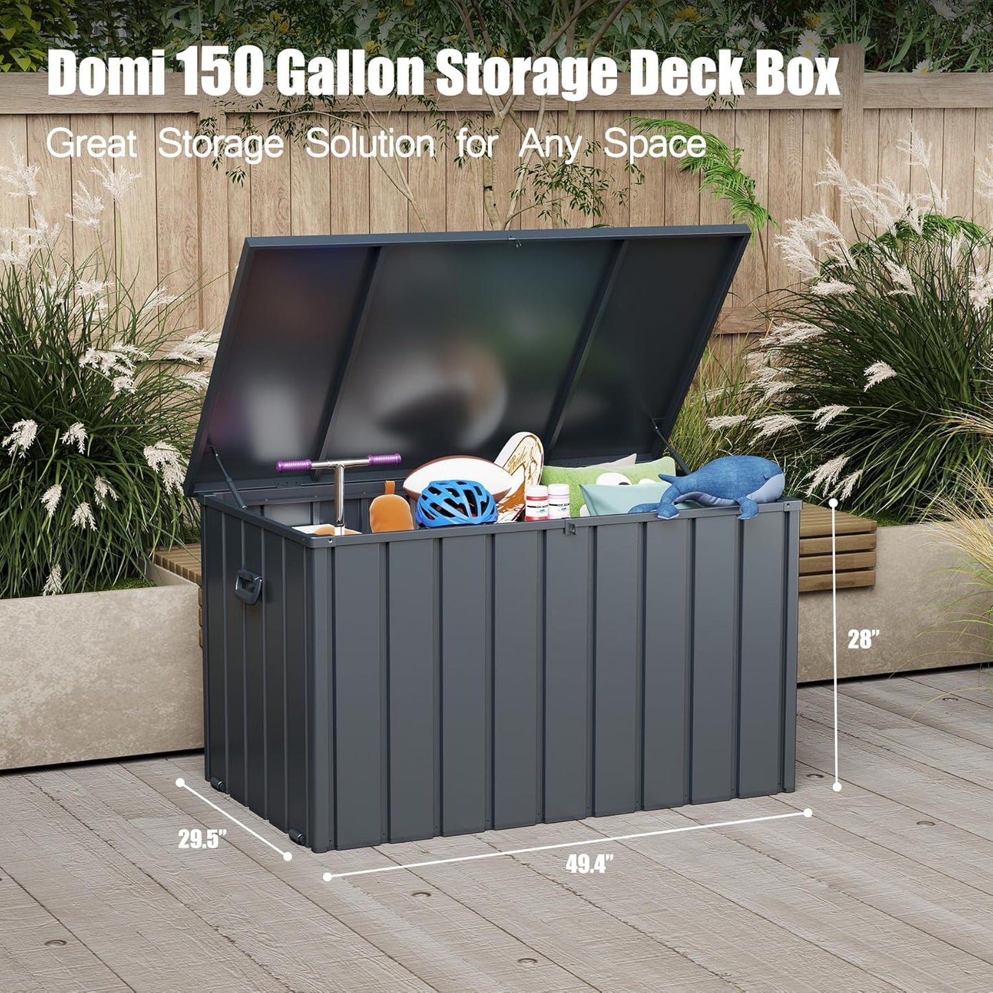 Domi Deck Box Outdoor 150 Gallon, Waterproof Lockable Steel Outdoor Storage Container for Outside Cushions, Garden Tools and Pools Equipment, Gray