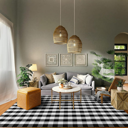 IOHOUZE Buffalo Plaid Checkered Rug 8x10 Ft Front Door Mats, Washable Area Rugs for Front Porch Decor, Spring Summer Welcome Mats Outdoor, Black White Rug for Farmhouse/Entryway/Home Entrance