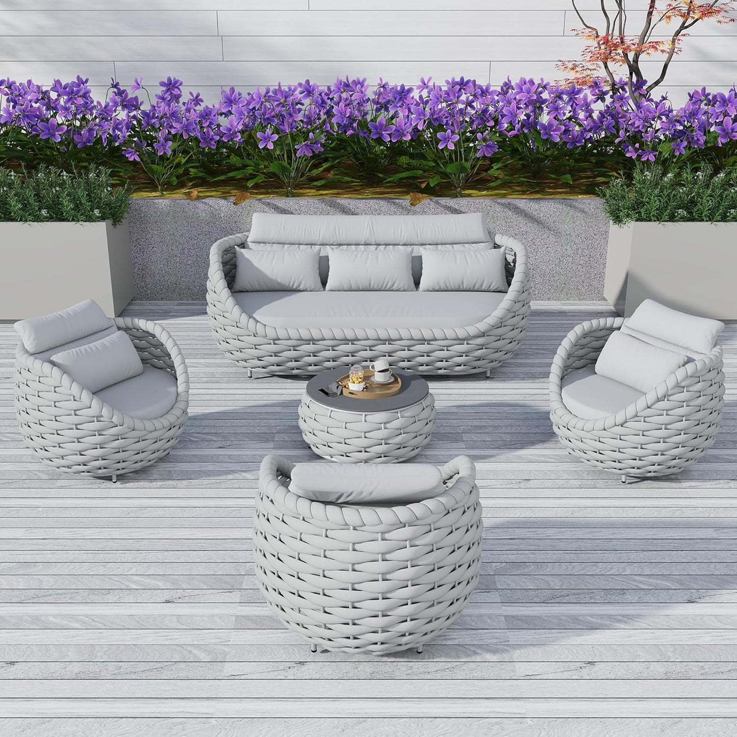 Outdoor Patio Furniture Set-5 Pieces Aluminum Sectional Sofa, Metal Patio Conversation Set with Threeseat & Armchair, Textile Rope and Coffee Table, Light Grey
