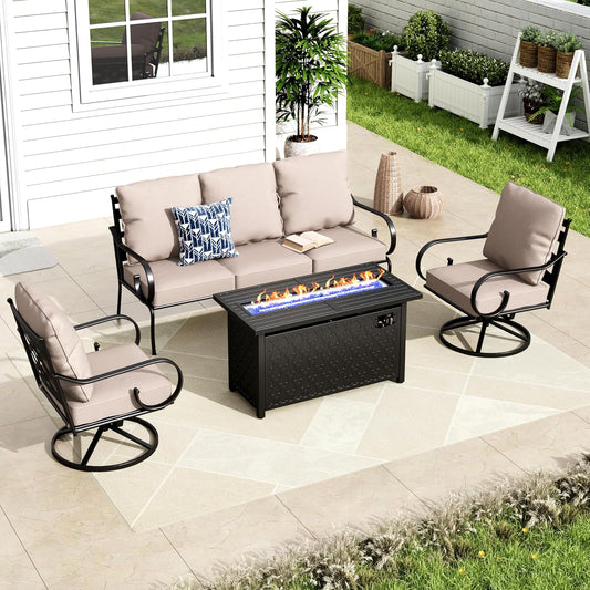 MFSTUDIO 5 Seats Large Metal Patio Conversation Sets, 4 Pieces Outdoor Sectional Furniture Sofa with 2 x Swivel Chairs, 1 x 3-seat Sofa and 1 x 45 inches Rectangular Propane Fire Pit Table