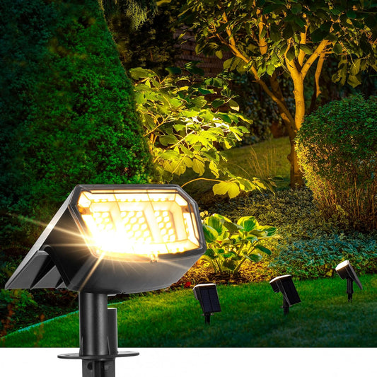 Solar spotlights Outdoor 63 LED 3 Lighting Modes, IP65 Waterproof Lighten Yard Garden House Garage Pathway for Christmas Decorations-2 Pack