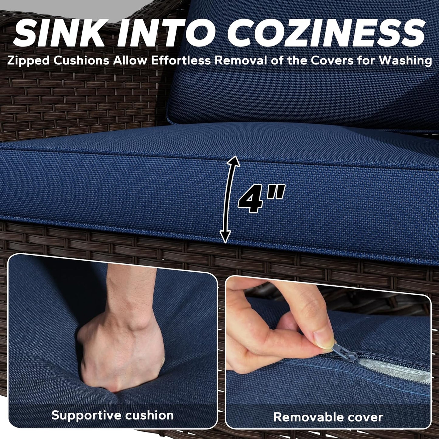 Outdoor Wicker 360 Degree Swivel Glider Rocker Chairs Set, Patio Conversation Furniture Set with Washable Cushions for Garden, Poolside (Navy Blue)