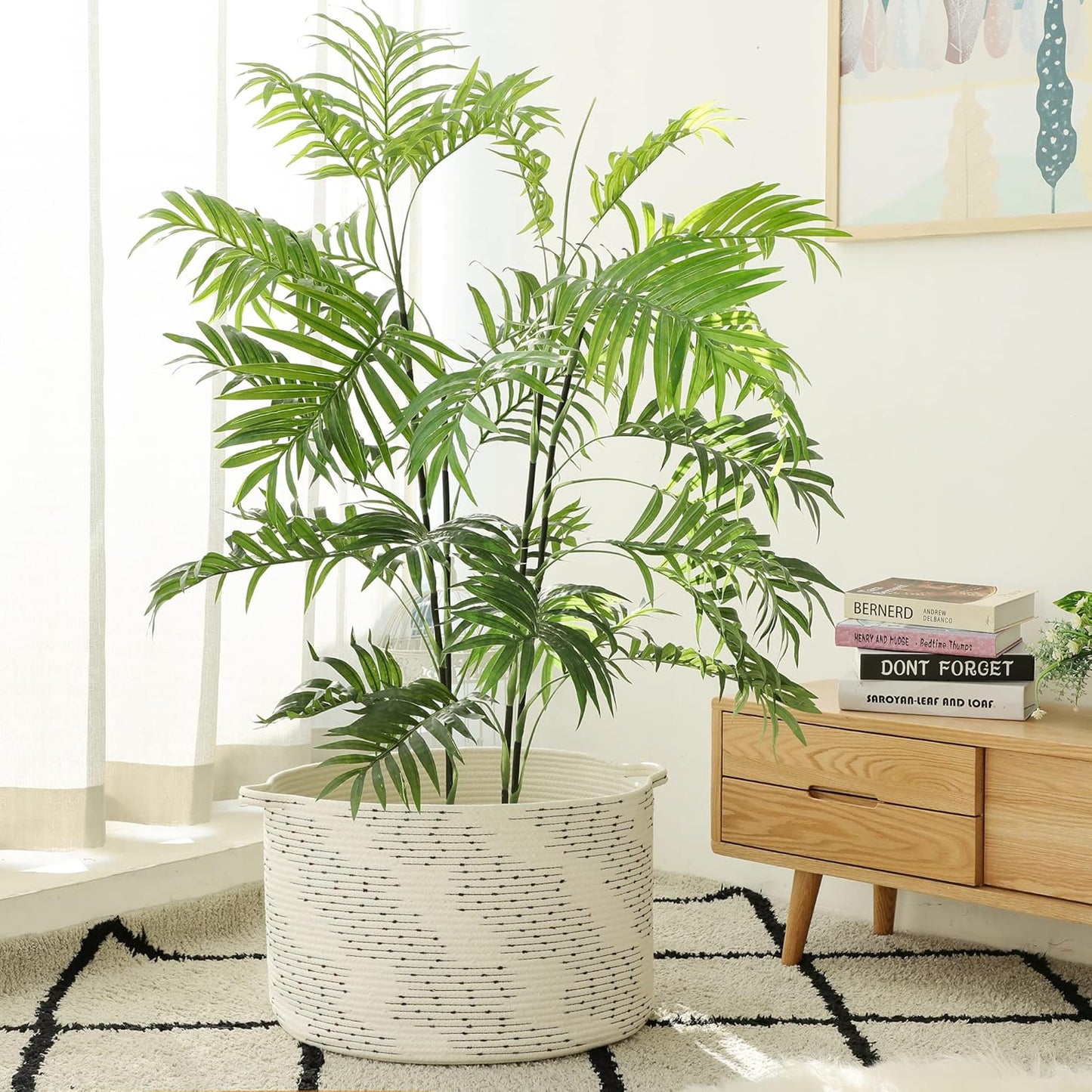 KAKAMAY Large Blanket Basket (20"x13"),Woven Baskets for storage Baby Laundry Hamper，Cotton Rope Blanket Basket for Living Room, Laundry, Nursery, Pillows, Off White with Blue & Brown Dotted Pattern