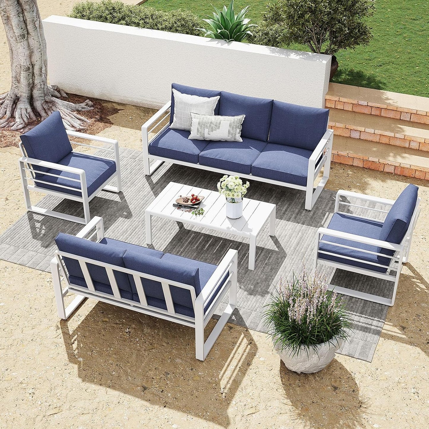 Patiorama Aluminum Patio Furniture Set, Outdoor Patio 3-Seater Sofa, 3 Seats Couch, All Weather White Metal Chair with Olefin Cushion, Deep Seating, 800 lbs Capacity, Deck, Garden-Blue Cushion