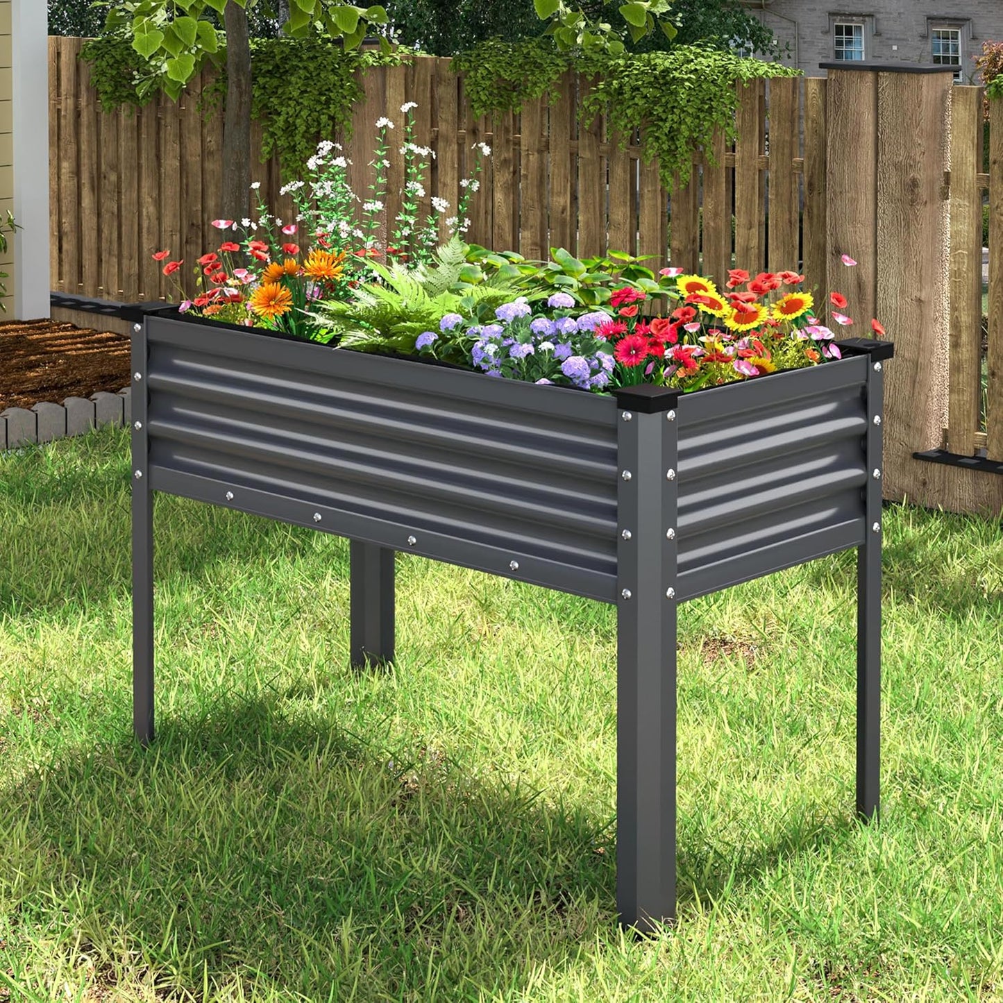 MUPATER Galvanized Steel Raised Garden Bed with Legs, 47.8" L x 23.5" W x 31.9" H Large Metal Elevated Raised Planter Box with Detachable Black Liner for Backyard, Patio, Balcony, Gray