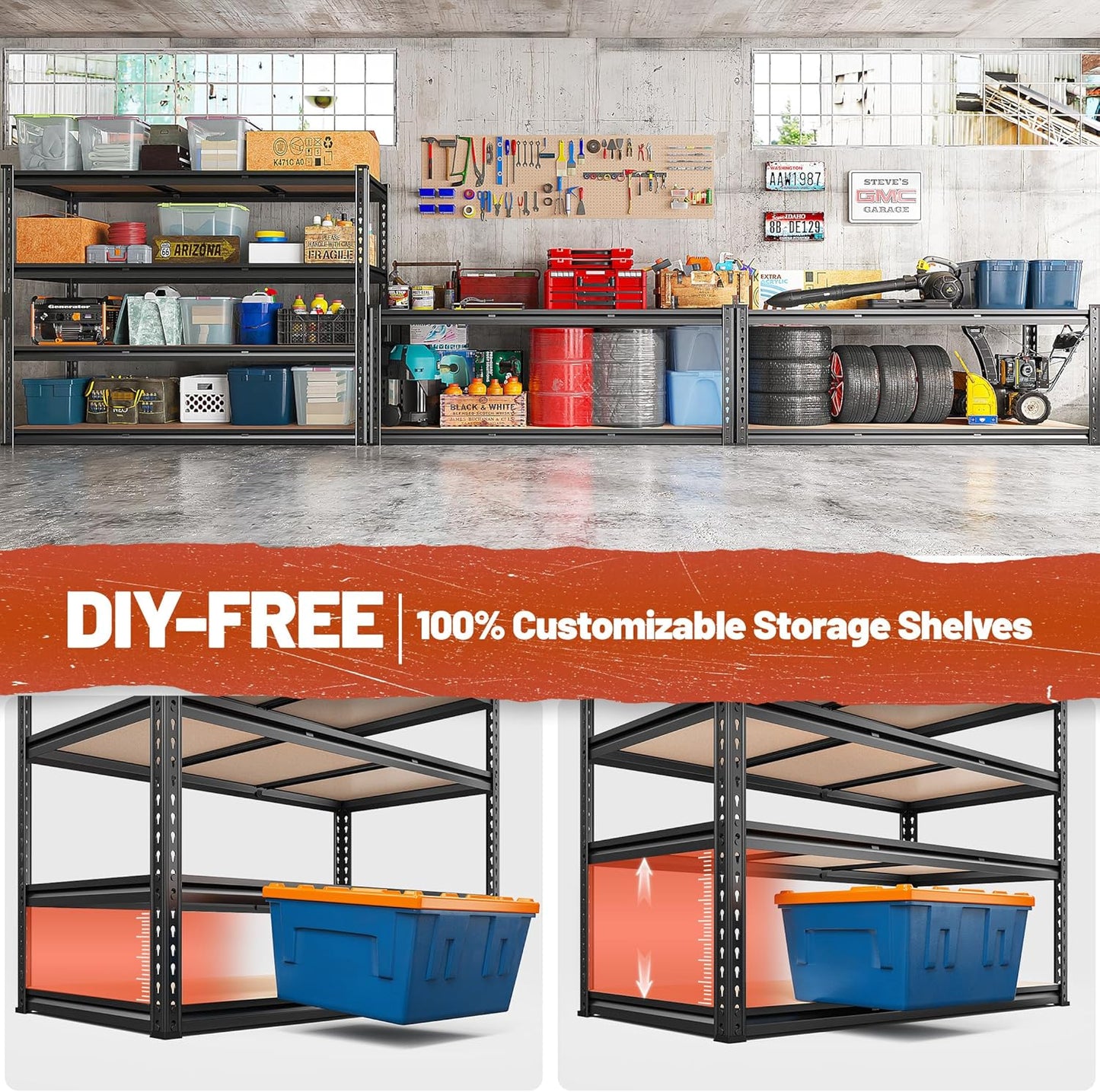 REIBII 48" W Garage Shelving Heavy Duty 2550 LBS Storage Shelves 4 Tier Heavy Duty Shelving, Adjustable Metal Shelves, Industrial Shelf for Garage, Warehouse, Pantry, 48" W x 60" H x 24" D