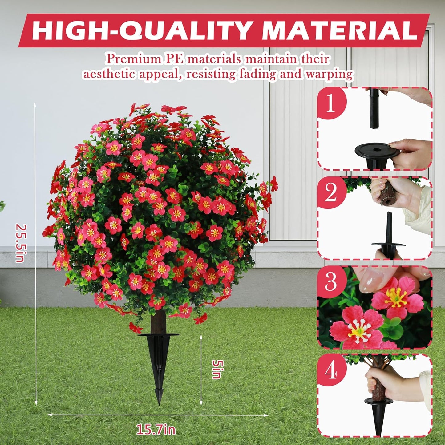 Sunnyglade Set of 2 Artificial Boxwood Topiary Ball Trees with Red Flower, Faux Shrub Bushes with Ground Spike 25.5", UV Resistant Fake Boxwood Plants for Indoor, Garden, Porch, Patio Decor (Red)