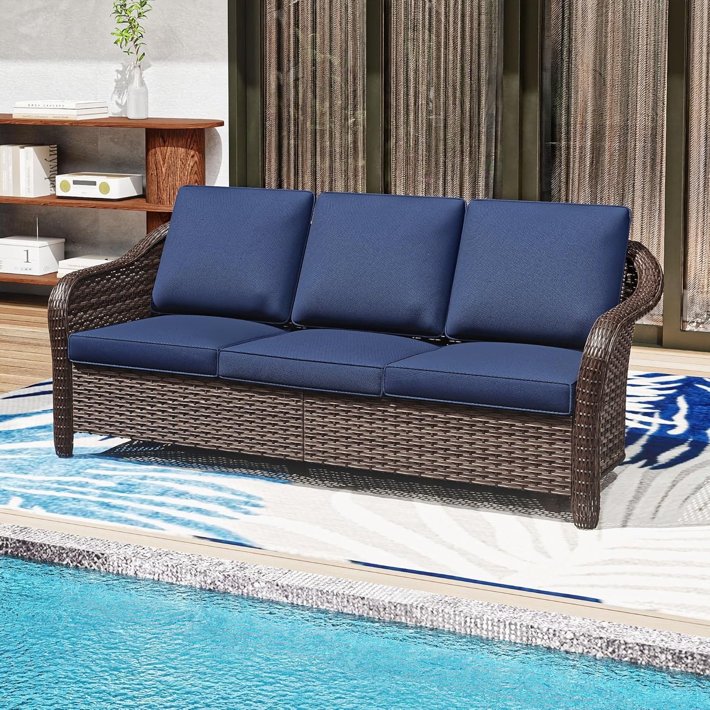 78" Wicker 3-seat Sofa, Outdoor Conversation Furniture, All-Weather Rattan Couch, Steel Frame Couch with Cushions for Garden, Poolside, Porch (Navy Blue)
