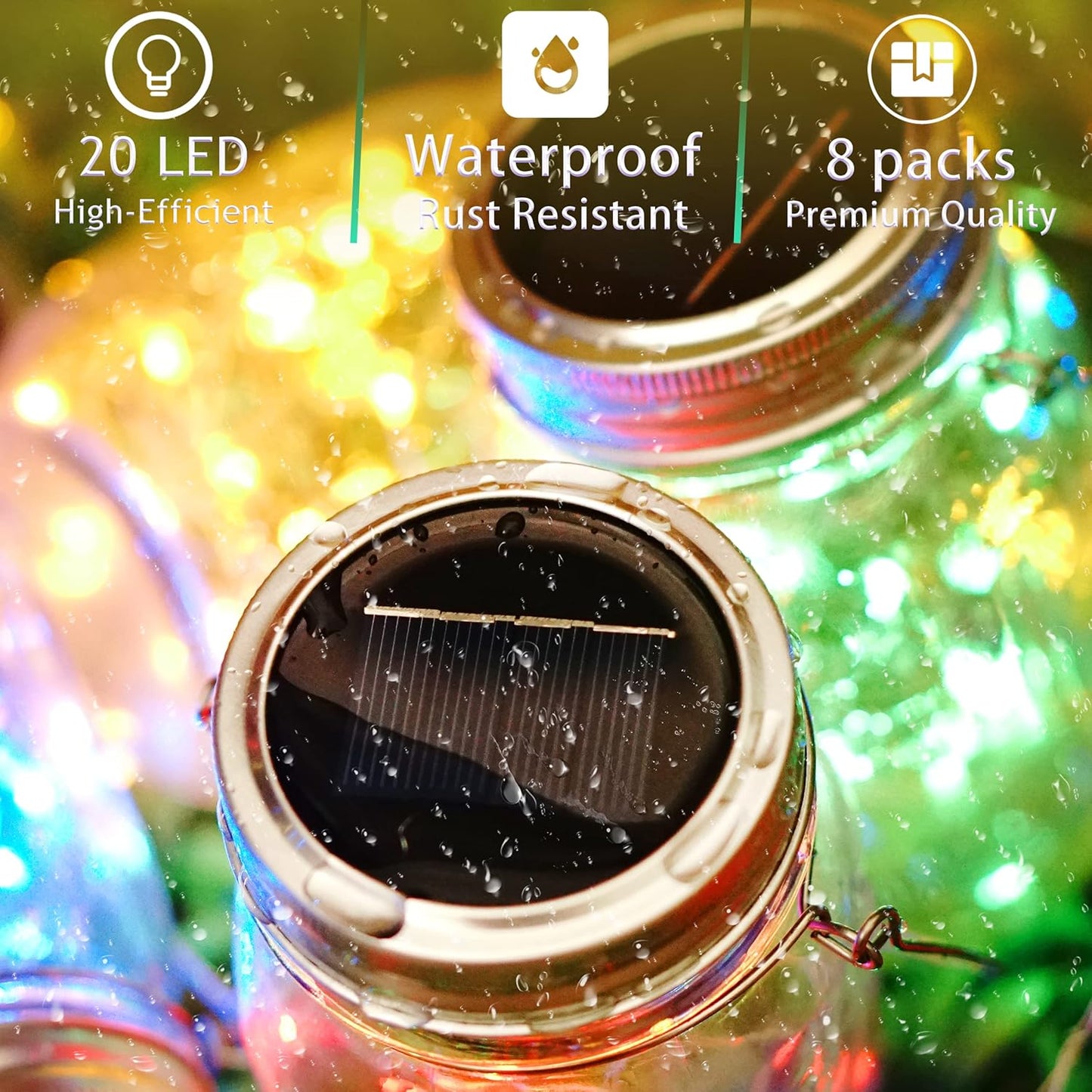 Solar Mason Jar Lights [Updated], 8 Pack 20 LED Waterproof Fairy Firefly Jar Lids String Lights with Hangers(NO Jars), Patio Yard Garden Wedding Decoration - Multi-Colored