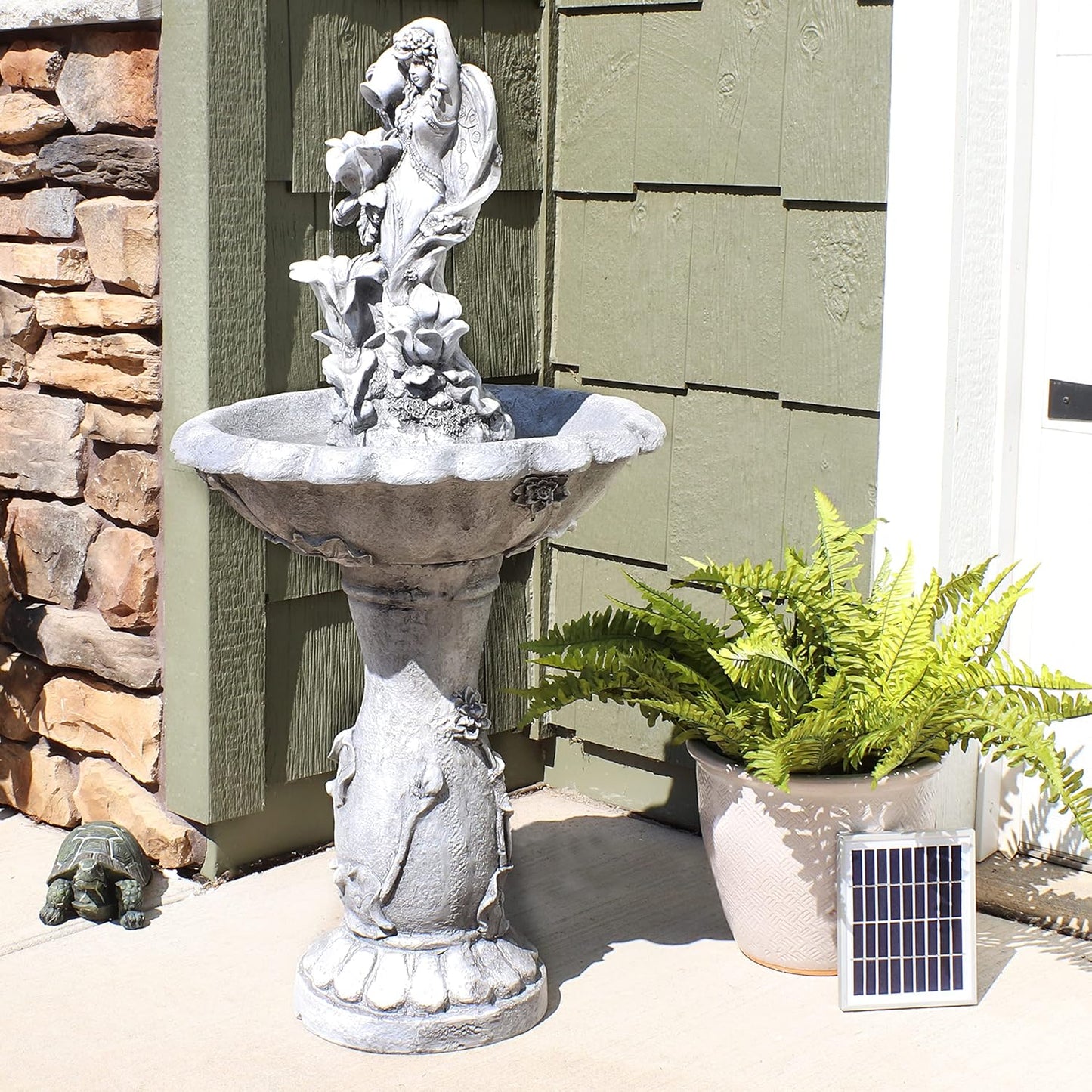 Sunnydaze Fairy Flower Solar Water Fountain - 42-Inch Outdoor Water Feature with LED Light - for Garden, Patio, Decks
