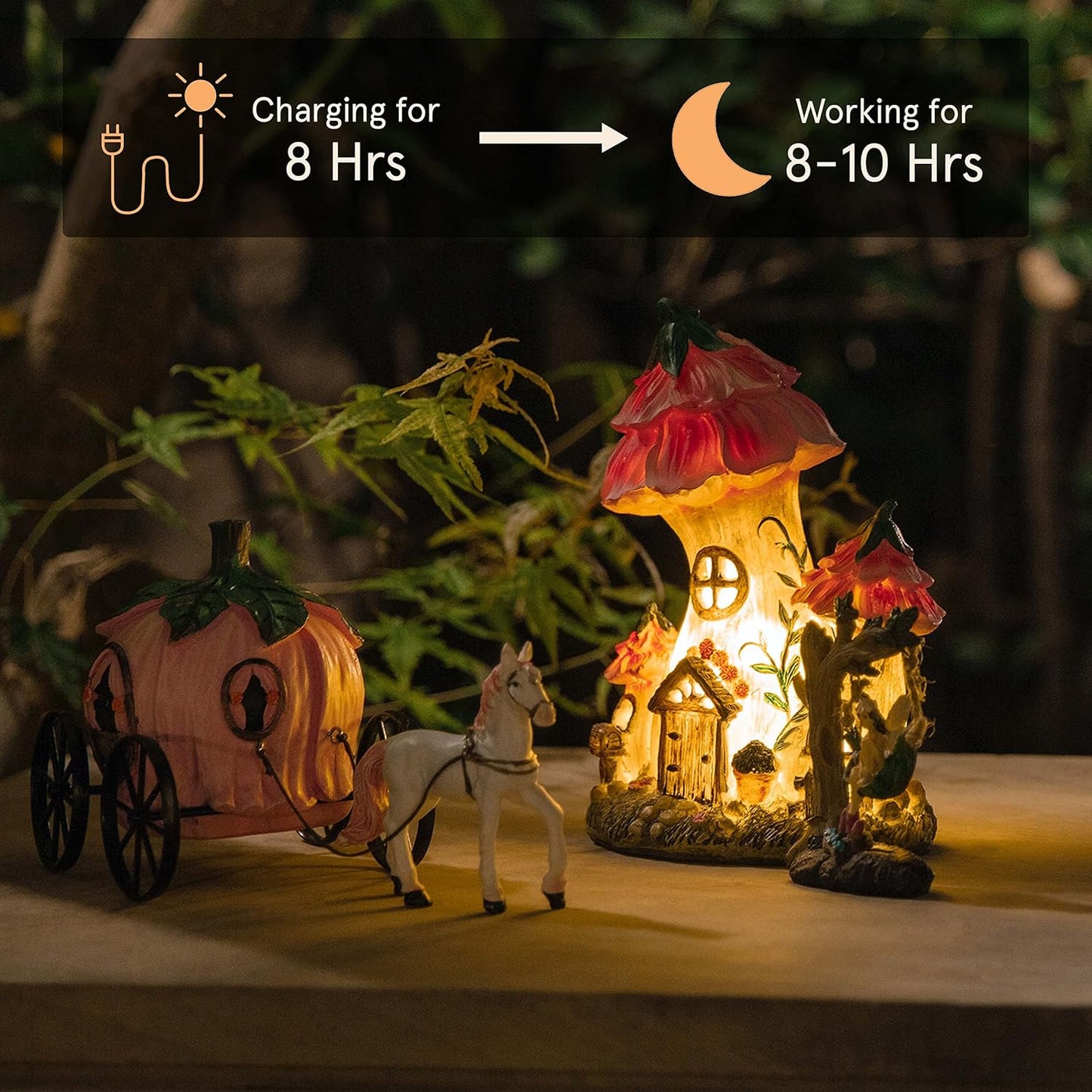 LA Jolie Muse Resin Fairy Garden - Miniature Floral Roof Cottage with Solar LED Lights, Fairy House Figurine Set of 3 with Carriage, Outdoor Decor for Patio Yard Lawn, Gifts for Mom
