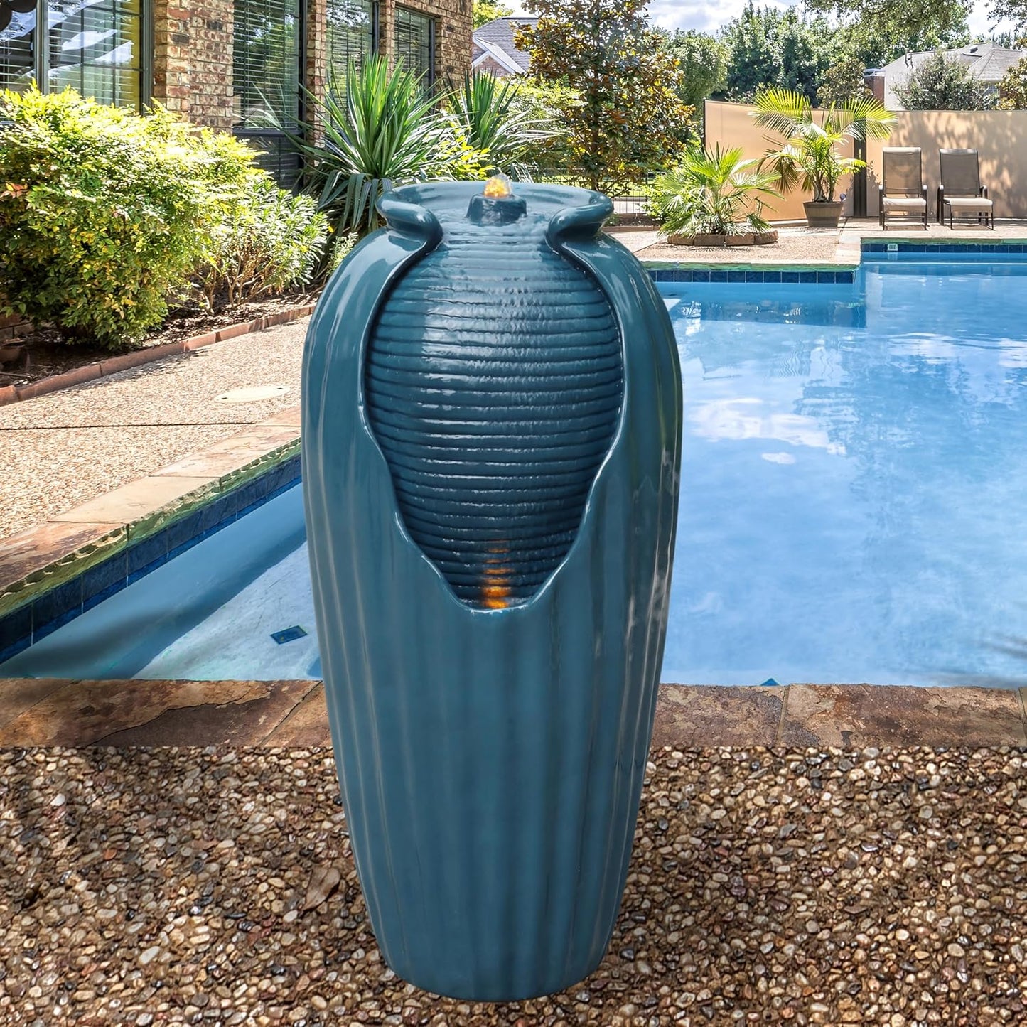 Teamson Home 32 in. Outdoor Contemporary Glazed Contoured Vase Water Fountain with LED Lights to Create a Calming Oasis in Gardens and Landscaping, on Patios, Balconies, Lawns, Teal Blue