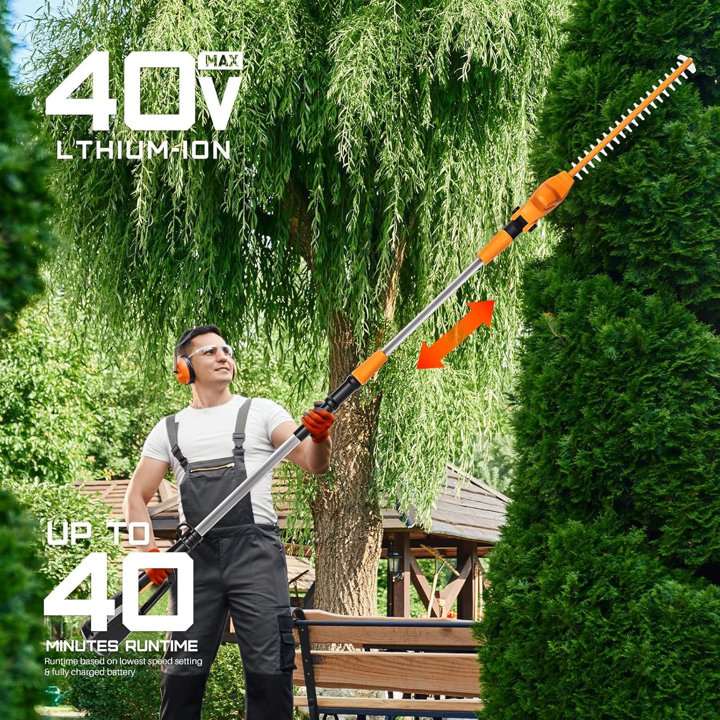40V Pole Hedge Trimmer Cordless, 500mm Telescopic Range Pole Hedge Trimmer, 9 Rotary Positions Hedge Trimmer with Extension Pole, with 2Ah Battery and Charger Included