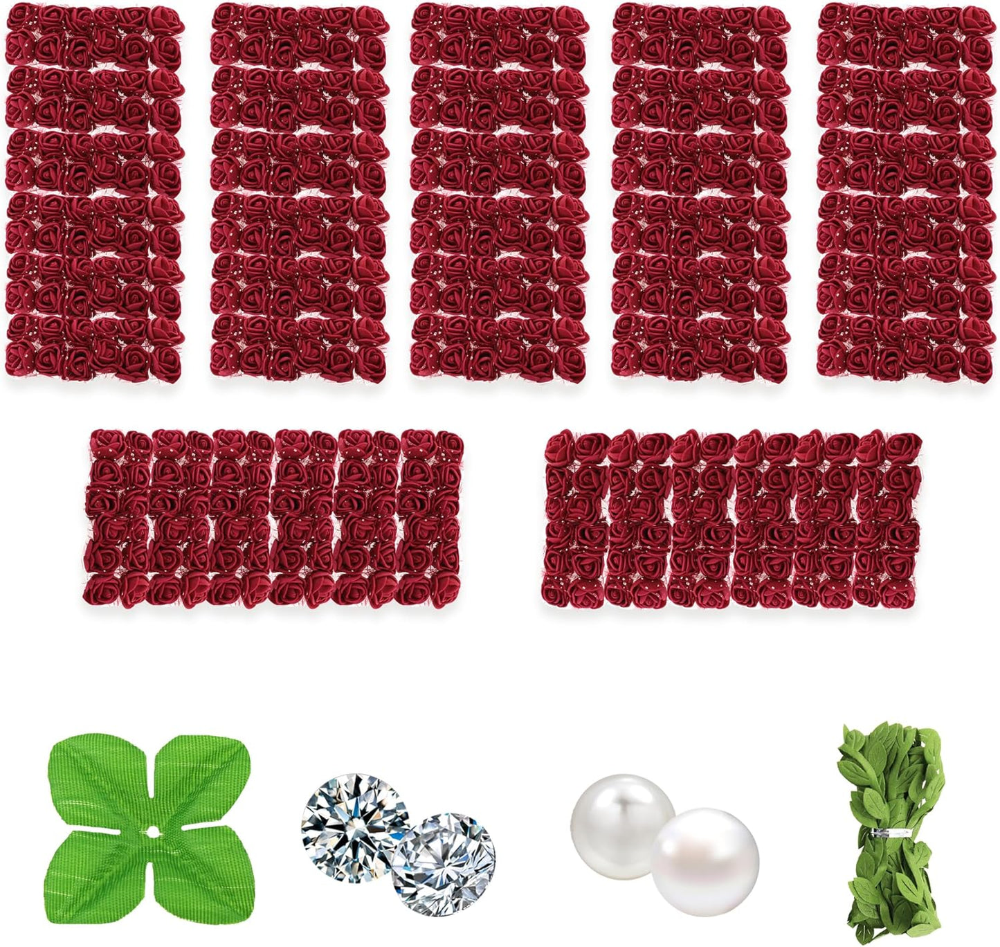500 Pcs 0.6 Inch Mini Artificial Flowers Head Bulk 5 in 1 Set Faux Foam Fake Small Rose Tiny Baby Flores Bouquet Wreath Gift Hair Clip Home Decoration DIY Craft (Wine Red)