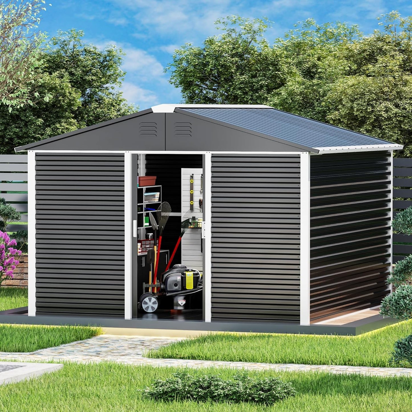 Metal Outdoor Storage Shed 10FT x 10FT, Steel Utility Tool Shed Storage House with Sliding Door, Metal Sheds Outdoor Storage for Backyard Garden Patio Lawn, Black