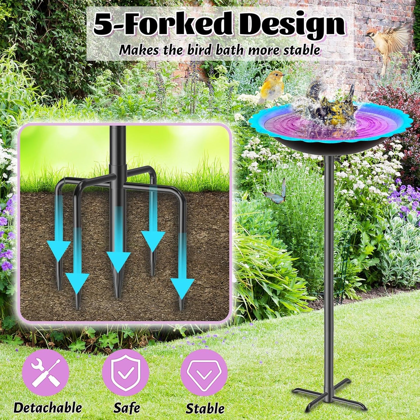 MeyRoliz Metal Bird Bath for Outside, Detachable Birdbath Birdfeeder Bowl, Freestanding Birdfeeders Bird Bath Bowl for Garden (Blue-Purple)