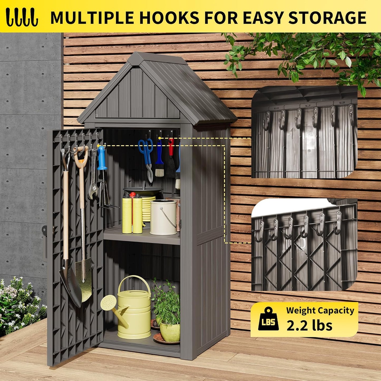 Outdoor Resin Storage Shed, Upgrade Durable Storage Cabinet with Removable Shelves and Lock Ring, Reinforced Floor, All-Weather Construction for Garden Patio Lawn (Gray)