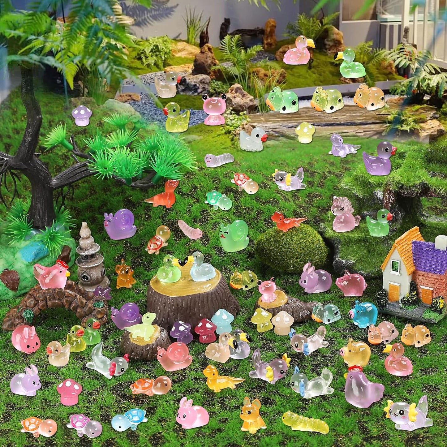Luminous mini Resin Animals to Hide 120 Pcs Tiny Resin Animals Glow in The Dark for Miniature Fairy Garden Decoration Accessories Micro Landscape Aquarium Potted Decoration