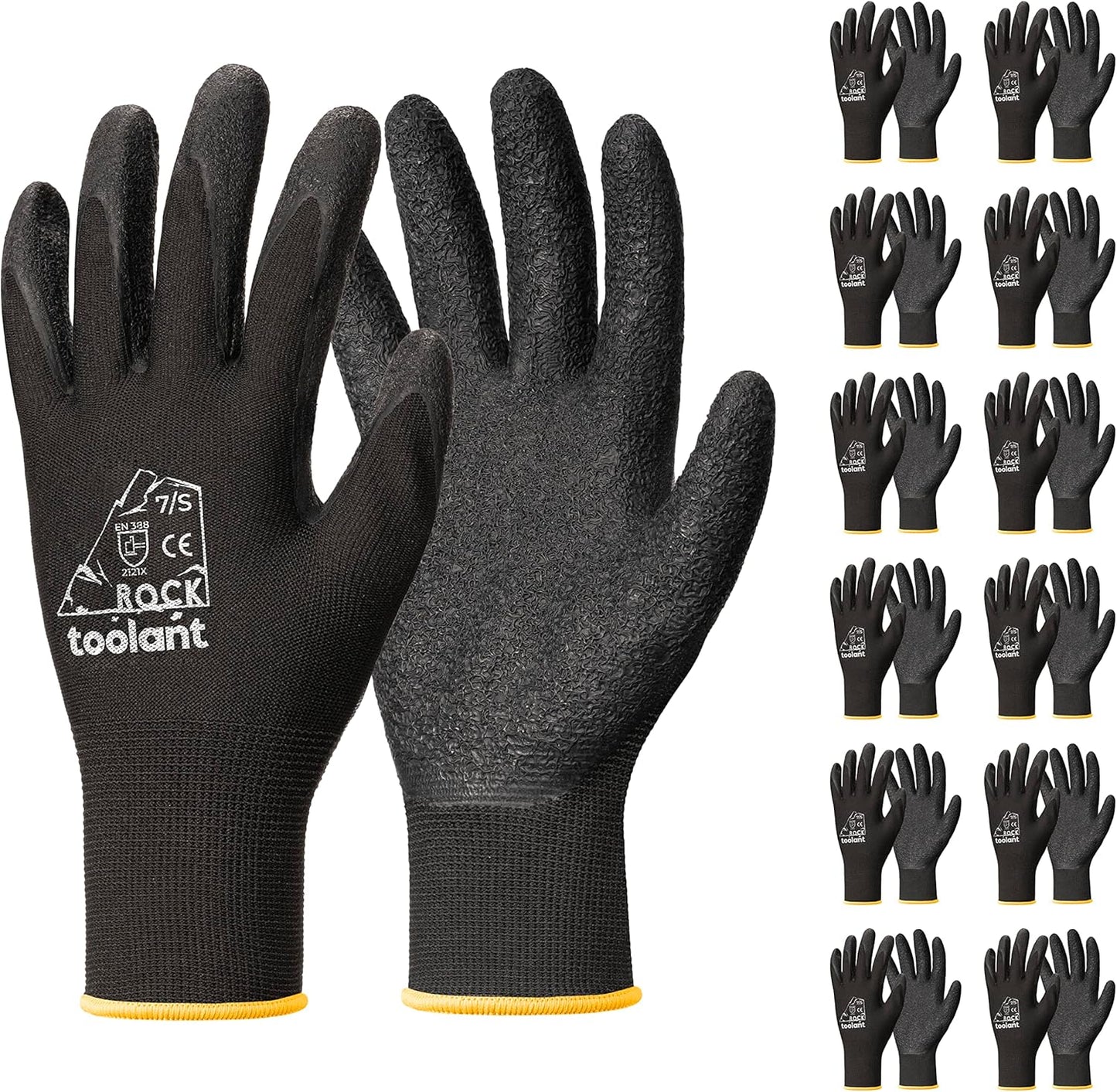 toolant Crinkle Latex Work Gloves Bulk, Rubber Coated Safety Work Gloves for Men and Women, 12 Pairs for Construction, Gardening, Warehouse (Black, Small)