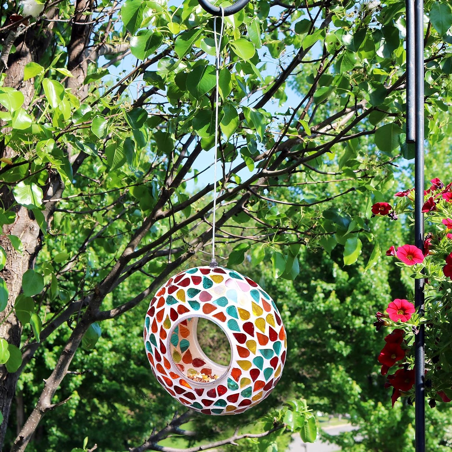 Sunnydaze 6-Inch Glass Mosaic Hanging Bird Feeder for Outdoors - Fly-Through Wild Bird Feeder - Confetti Mosaic
