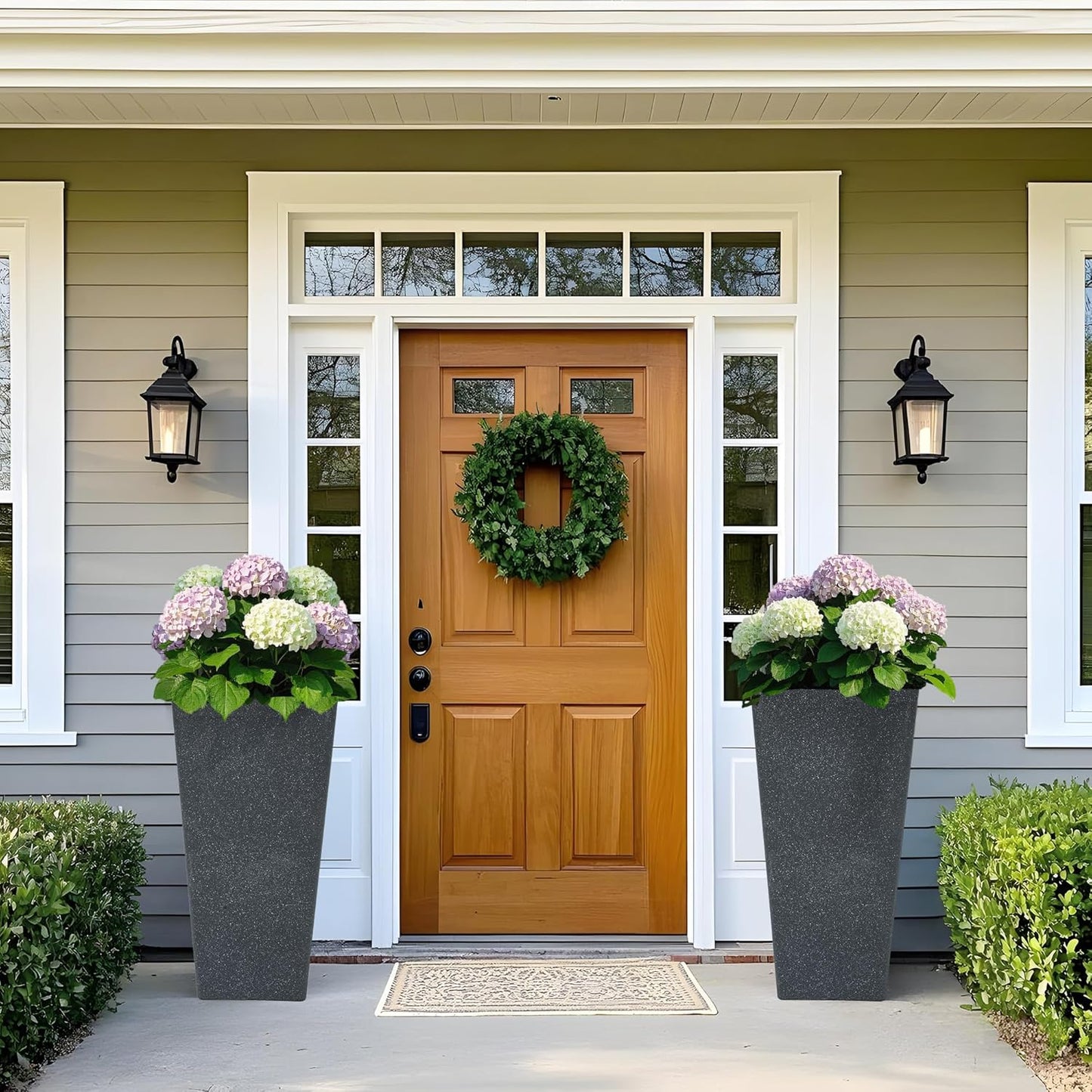 28" Tall V-Shaped Planters Set of 2, Oversized Plastic Flower Pots for Garden Patio Porch or Indoor Home Decor, Weather-Resistant Outdoor Planter Boxes, Hand-Painted Black Terrazzo-Look