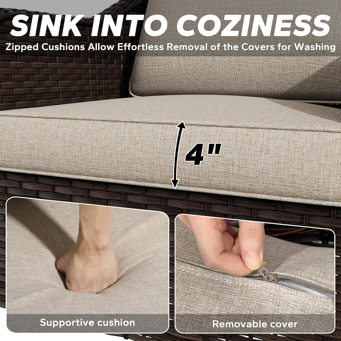 3 Pieces Patio sectional Sofa Set, Outdoor Conversation Furniture Set, 55" Patio Couch with 2 Ottomans, Rattan Wicker Sofa with Removable Cushions for Bistro, Deck (Beige)