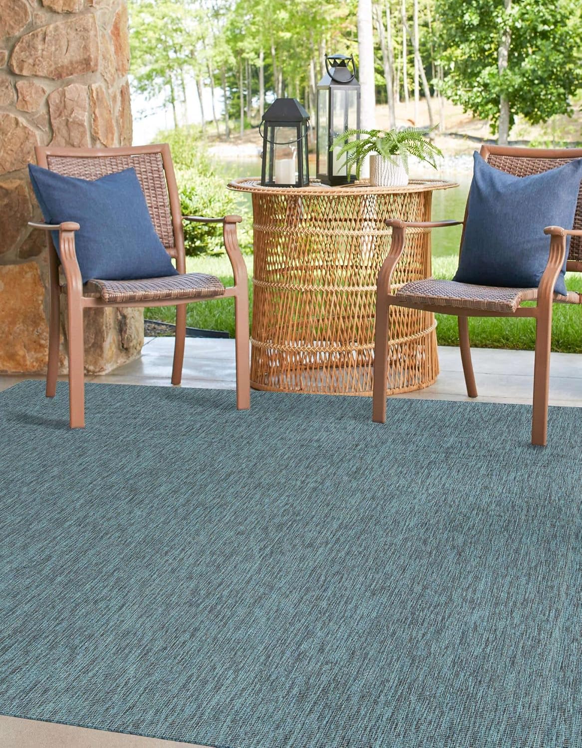 Unique Loom Outdoor Solid Collection Area Rug (4' 1" Square Teal/Navy Blue)