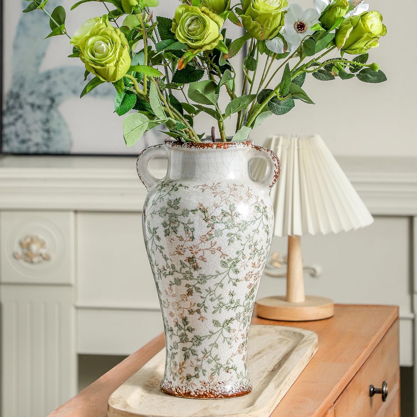 Enra Farmhouse Vintage vase with Handle,12.6 in Ceramic Chinoiserie Floral Vase,Green and Beige Decorative Flower vase,Large Rustic Vases for Home Decors, Living Room, Bookshelf, Office