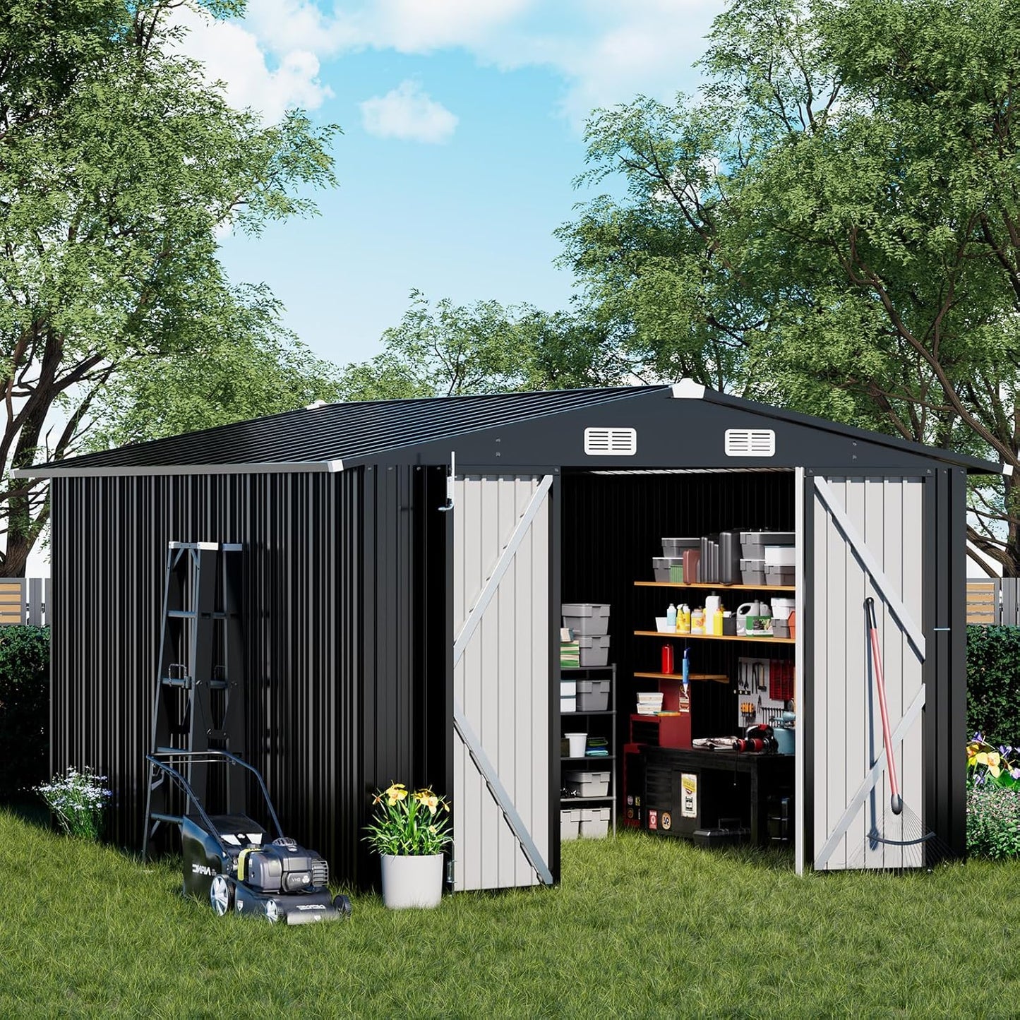 COMHOMA Shed Outdoor Storage Shed Metal,Lockable Doors Tool Sheds with Sloping Roof,Steel Garden Shed with Air Vent for Backyard,Patio,Lawn,Poolside (Grey, 10'*12')