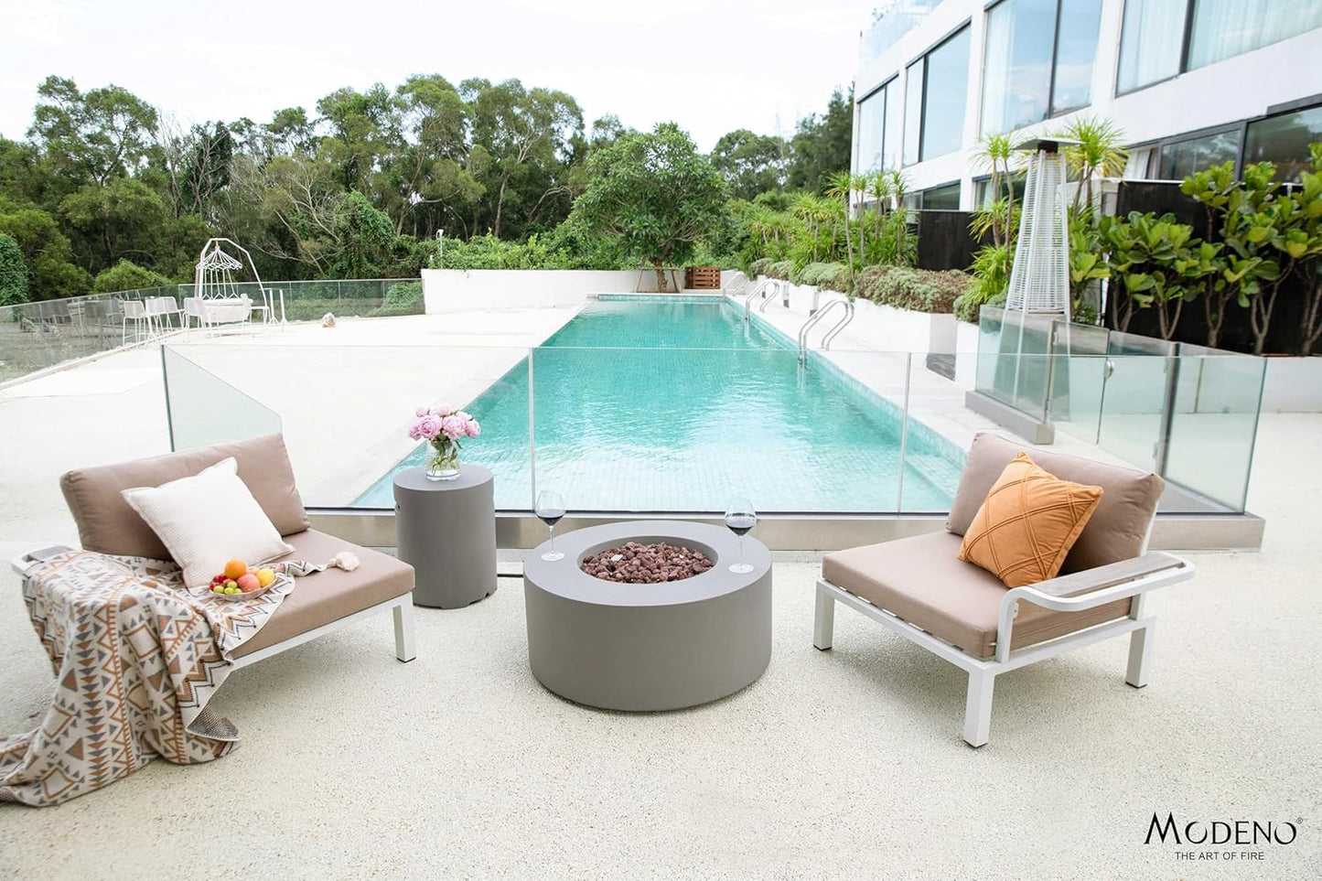 AMS Fireplace | Modeno Tramore Package | Light Gray Natural Gas Fire Pit Table for Outside Patio Bundle with Wind Guard, and SS Burner Lid | Free Ice Bucket & Rubber Mat