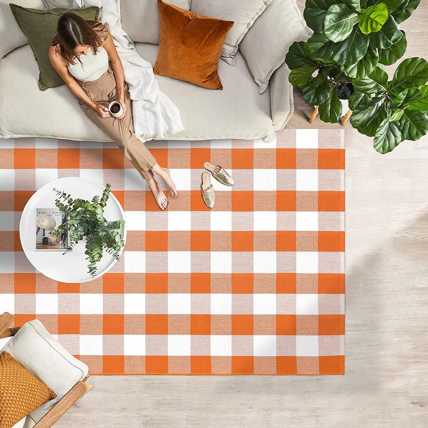 IOHOUZE Fall Buffalo Plaid Check Rug Outdoor Doormat 4x6 Ft Washable Woven Outdoor Indoor Welcome Mats for Front Door/Farmhouse/Entryway/Home Entrance Orange and White Outdoor Rug