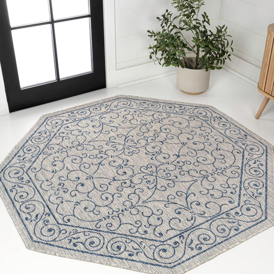 JONATHAN Y SMB106C-8TGN Charleston Vintage Filigree Textured Weave Gray/Navy 8' Octagon Indoor/Outdoor Area Rug, Non-Shedding, Stain Resistant,Fade Resistant, Easy-Cleaning for Backyard Patio, Porch