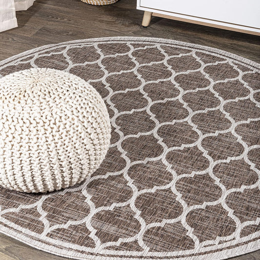 Eyely BMS109B-6R Santa Monica Trebol Moroccan Trellis Textured Weave, Pet Friendly, Non-Shedding, Stain Resistant, Easy-Cleaning, Espresso/Taupe, 6' Round, Indoor/Outdoor, Area Rug