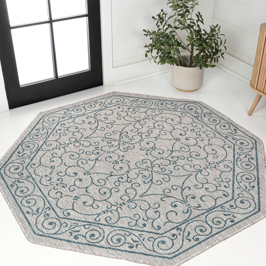 JONATHAN Y SMB106E-8TGN Charleston Vintage Filigree Textured Weave Gray/Teal 8' Octagon Indoor/Outdoor Area Rug, Non-Shedding, Stain Resistant,Fade Resistant, Easy-Cleaning for Backyard Patio, Porch