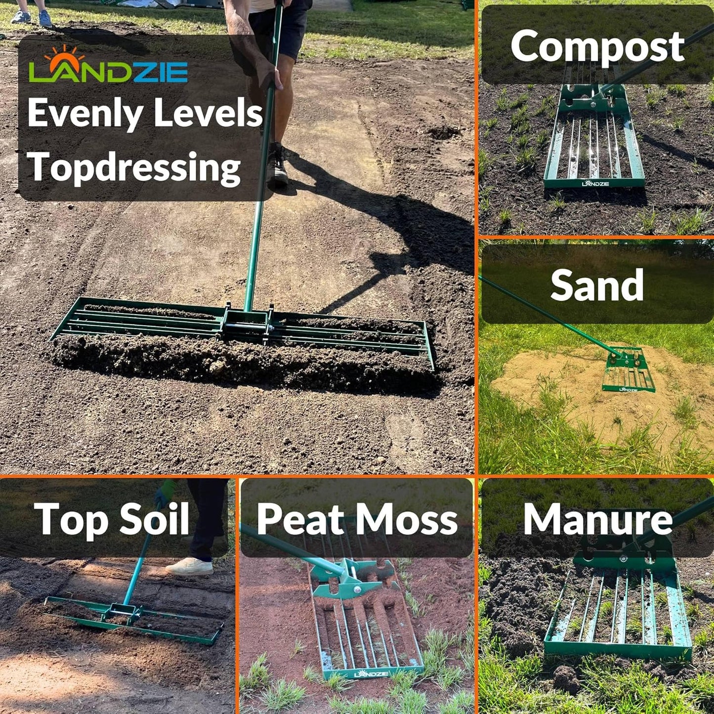 LANDZIE - The Original Lawn Leveling Rake – 48" Steel Handle Yard Leveler, Lawn Level Tool for Creating a Flat Surface - Works for Soil, Dirt, Topdressing, and Ground