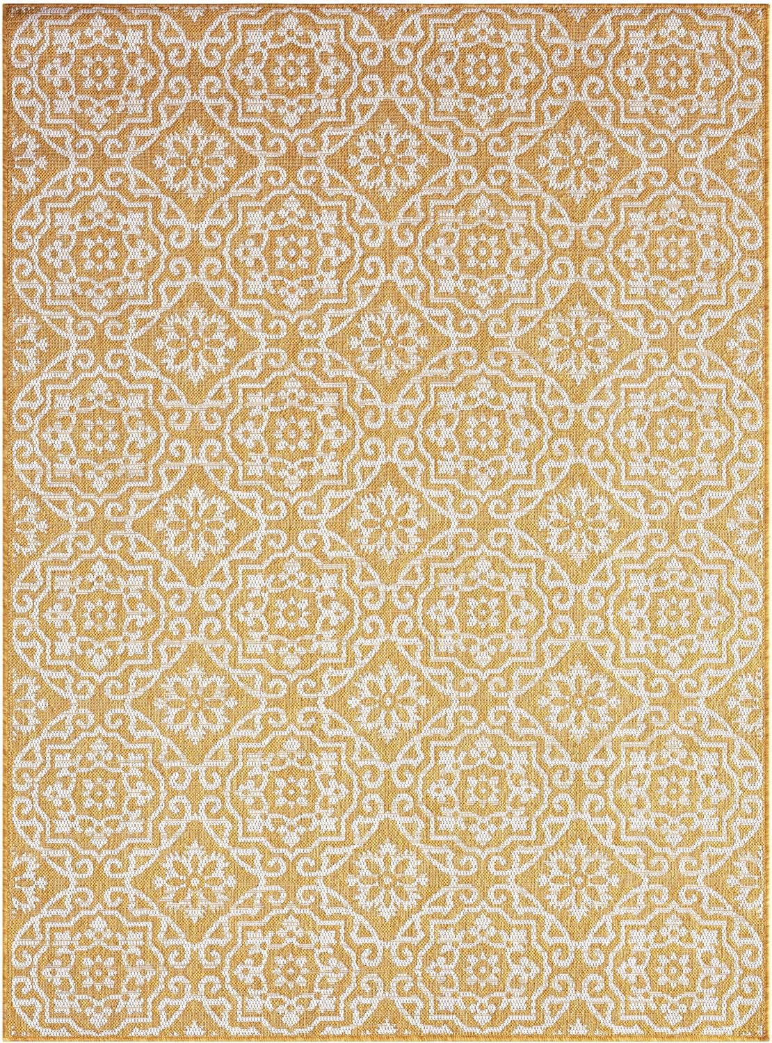 Nicole Miller New York Patio Country Julia Transitional Geometric Indoor/Outdoor Area Rug, Yellow/White, 5'2"x7'2"