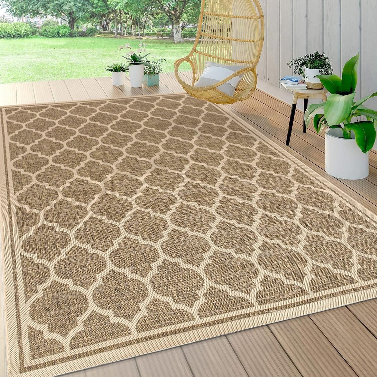 Eyely BMS109A-6 Santa Monica Trebol Moroccan Trellis Textured Weave, Pet Friendly, Non-Shedding, Stain Resistant, Easy-Cleaning, Brown/Beige, 6 ft. x 9 ft., Indoor/Outdoor, Area Rug