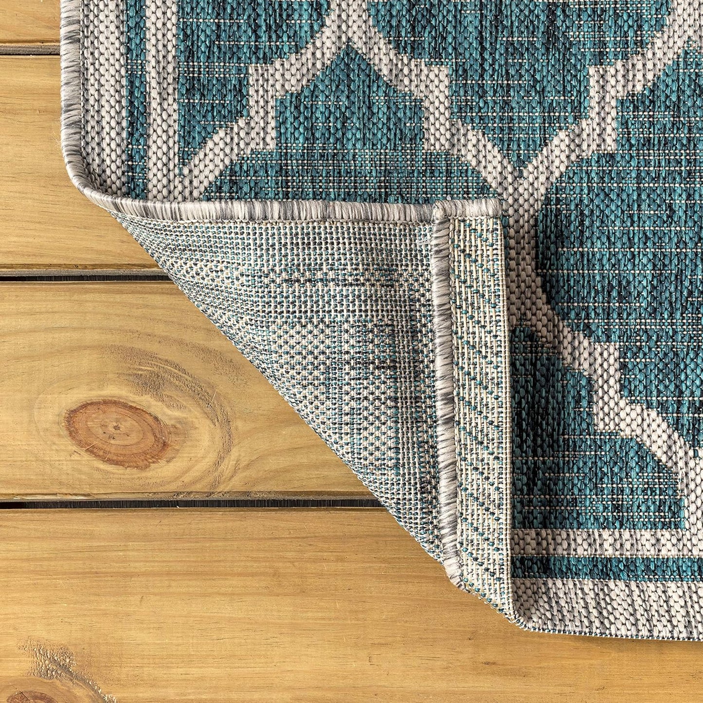 Eyely BMS109E-4SQ Santa Monica Trebol Moroccan Trellis Textured Weave, Pet Friendly, Non-Shedding, Stain Resistant, Easy-Cleaning, Teal/Gray, 4' Square, Indoor/Outdoor, Area Rug