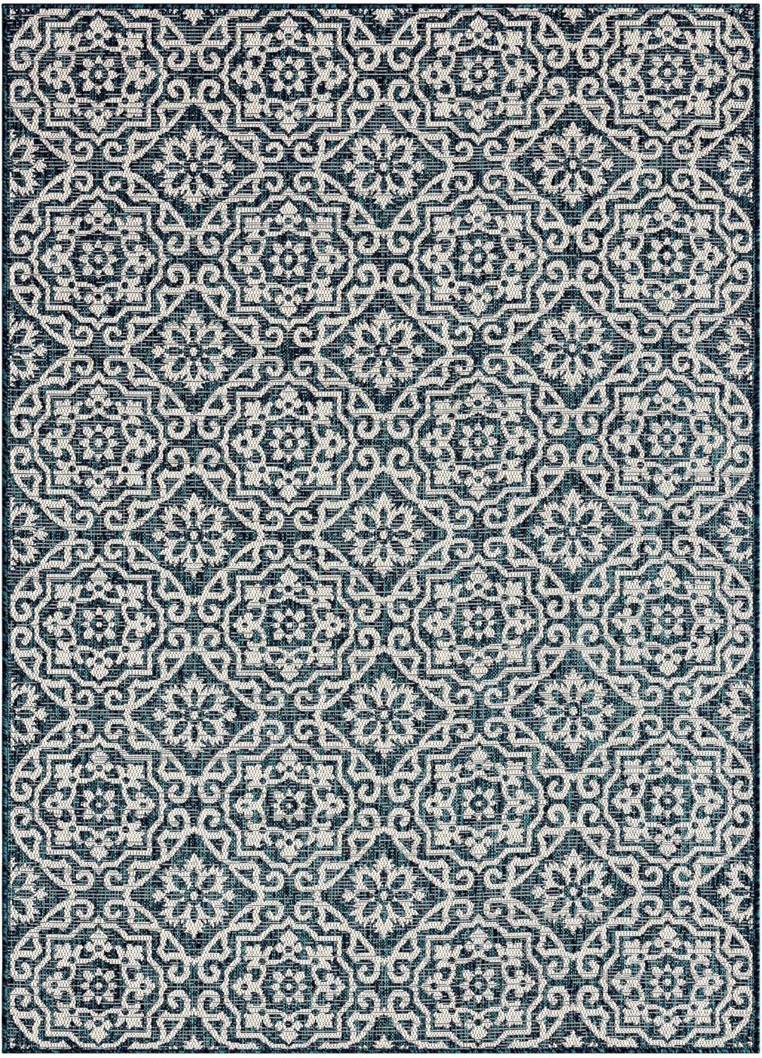 Nicole Miller New York Patio Country Julia Transitional Geometric Indoor/Outdoor Area Rug, Navy Blue/Ivory, 7'9"x10'2"