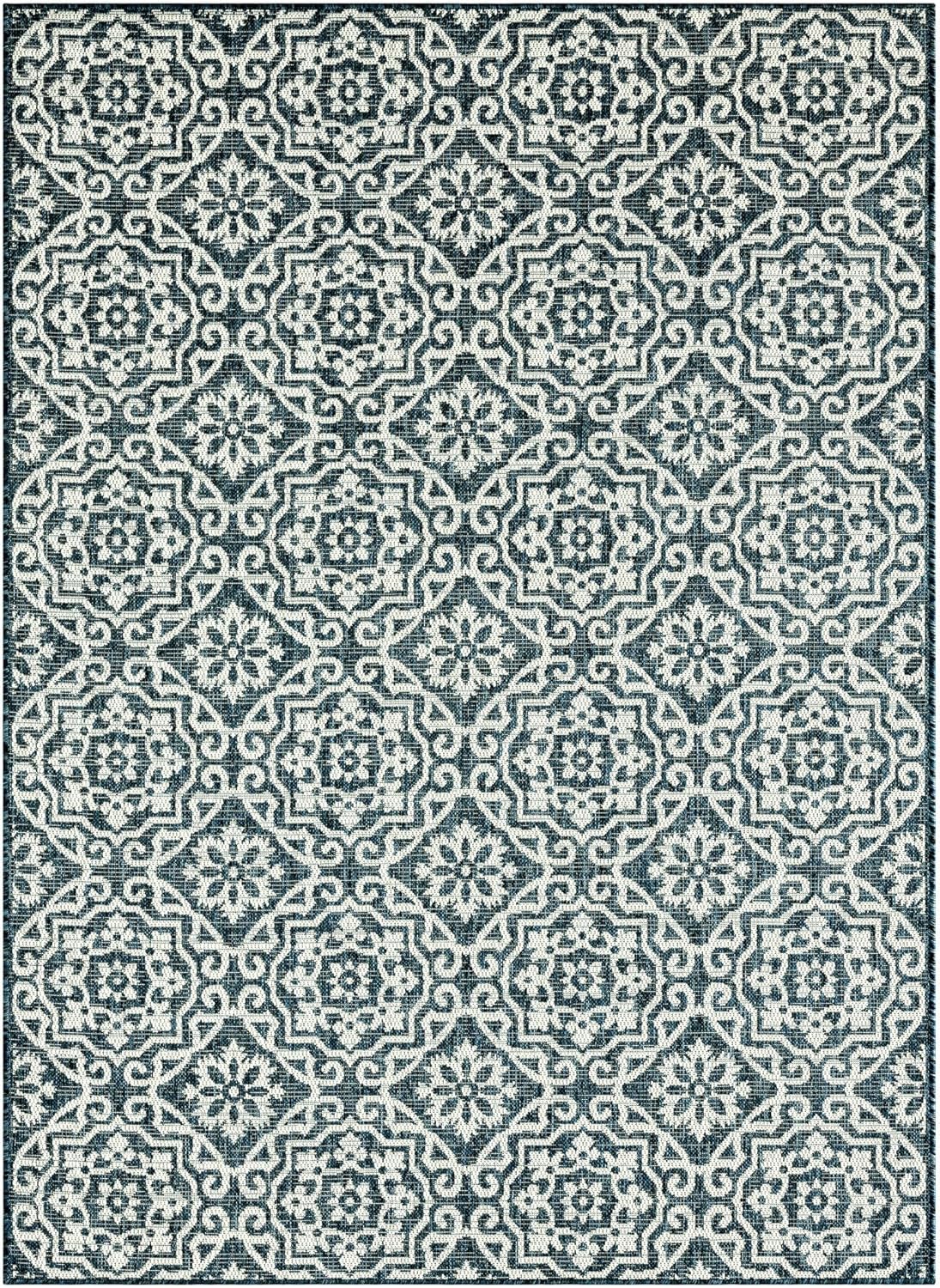 Nicole Miller New York Patio Country Julia Transitional Geometric Indoor/Outdoor Area Rug, Blue/White, 6'6"x9'2"