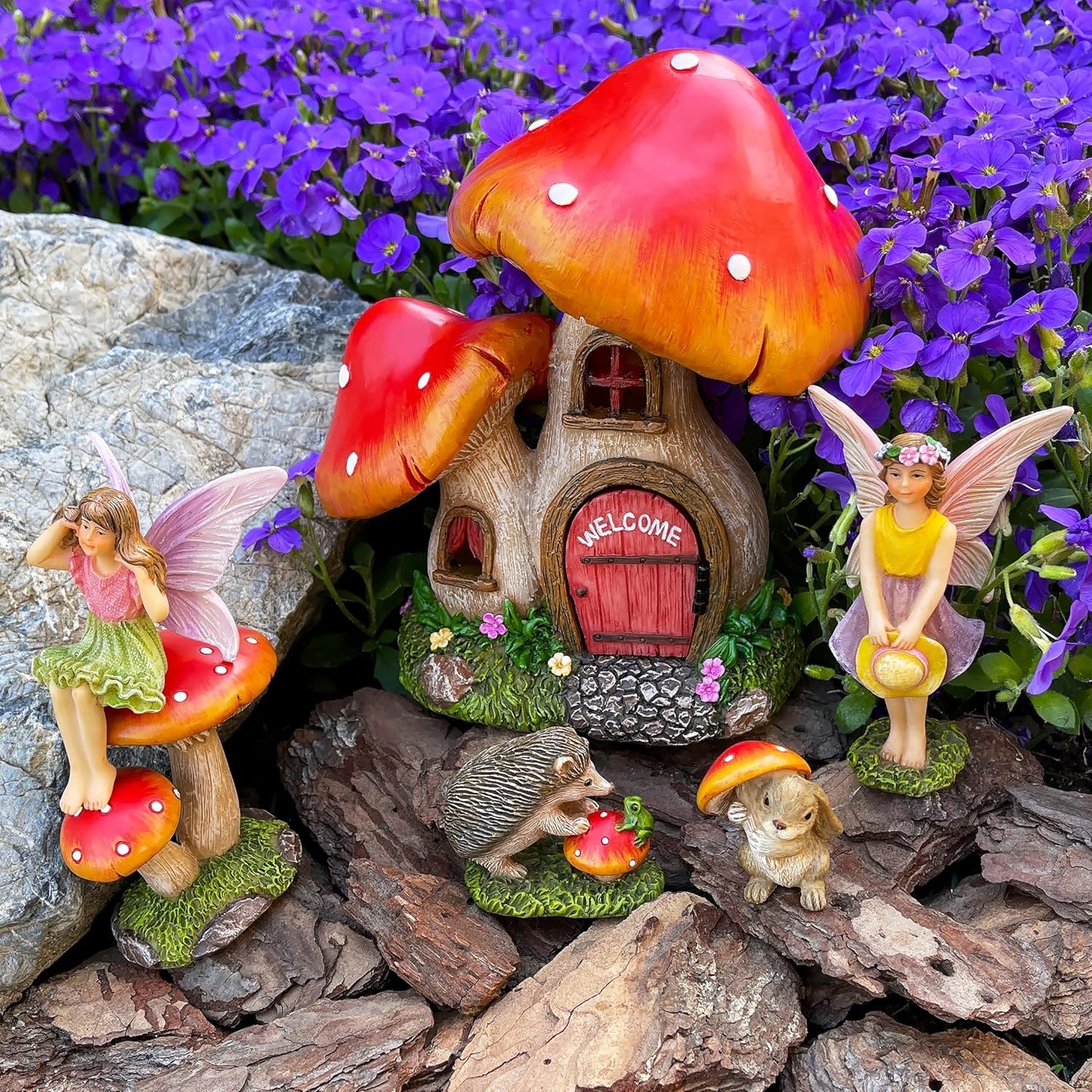 Mood Lab Fairy Garden - Mushroom House Set of 6 pcs - Miniature Figurines & Accessories Kit - for Outdoor or House Decor
