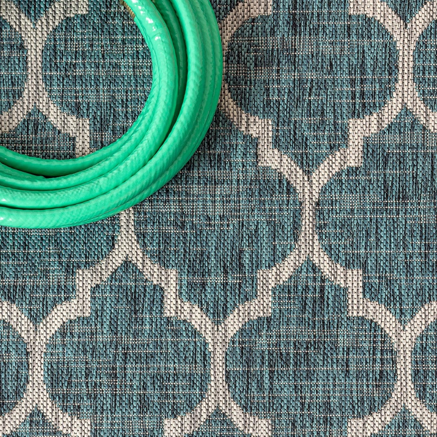 Eyely BMS109E-4SQ Santa Monica Trebol Moroccan Trellis Textured Weave, Pet Friendly, Non-Shedding, Stain Resistant, Easy-Cleaning, Teal/Gray, 4' Square, Indoor/Outdoor, Area Rug